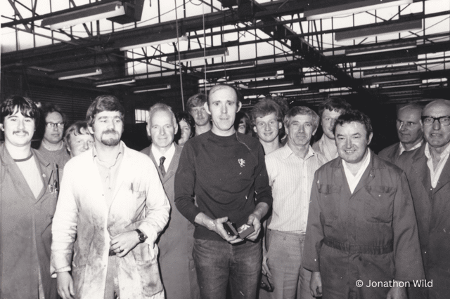 Employees in the Tool Room at Meccano. Albert Wild is fifth from the left. Image: Jonathon Wild