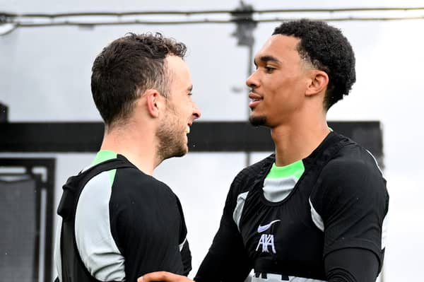 Liverpool pair Diogo Jota and Trent Alexander-Arnold.  (Photo by Andrew Powell/Liverpool FC via Getty Images)
