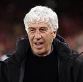 Atalanta's Italian coach Gian Piero Gasperini reacts ahead of the UEFA Europa League quarter-final first leg football match between Liverpool and Atalanta at Anfield in Liverpool, north west England on April 11, 2024. (Photo by Darren Staples / AFP) (Photo by DARREN STAPLES/AFP via Getty Images)