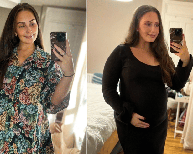 Caitlin McAlinden, 24, put her cancer symptoms - including a golf ball-sized lump on her neck, nausea and fatigue - down to morning sickness. Image: Caitlin McAlinden/SWNS
