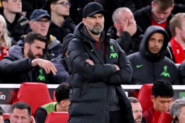 Jurgen Klopp, Manager of Liverpool, looks on during the UEFA Europa League 2023/24 Quarter-Final first leg match between Liverpool FC and Atalanta at Anfield on April 11, 2024 in Liverpool, England. (Photo by Stu Forster/Getty Images)