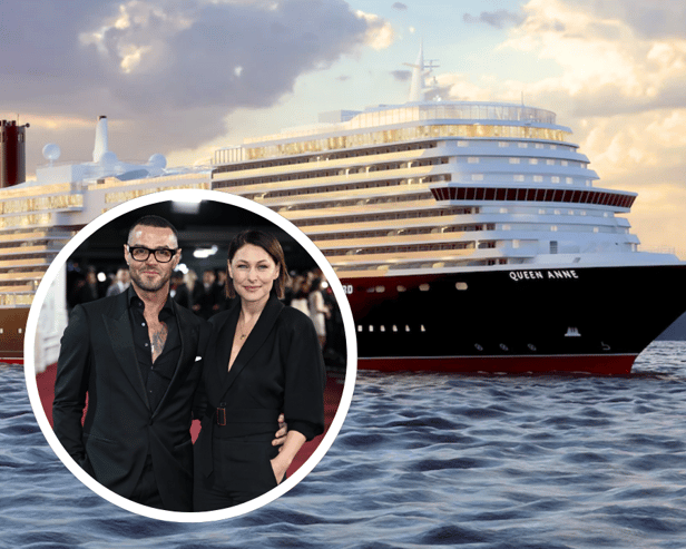 TV personalities Emma and Matt Willis, and Cunard's new ship Queen Anne. Image: Cunard and Gareth Cattermole/Getty Images
