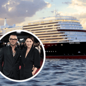 TV personalities Emma and Matt Willis, and Cunard's new ship Queen Anne. Image: Cunard and Gareth Cattermole/Getty Images