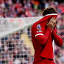 Curtis Jones of Liverpool reacts after a missed chance during the Premier League match between Liverpool FC and Crystal Palace at Anfield on April 14, 2024 in Liverpool, England. (Photo by Michael Steele/Getty Images)