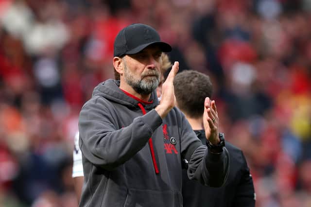Jurgen Klopp, Manager of Liverpool, applauds the fans after the team's defeat in the Premier League match between Liverpool FC and Crystal Palace at Anfield on April 14, 2024 in Liverpool, England. (Photo by Michael Steele/Getty Images)