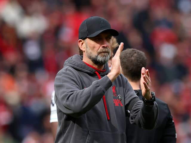 Jurgen Klopp, Manager of Liverpool, applauds the fans after the team's defeat in the Premier League match between Liverpool FC and Crystal Palace at Anfield on April 14, 2024 in Liverpool, England. (Photo by Michael Steele/Getty Images)