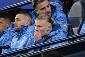 Erling Haaland of Manchester City reacts sat on the bench after being substituted ahead of extra-time during the UEFA Champions League quarter-final second leg match between Manchester City and Real Madrid CF at Etihad Stadium on April 17, 2024 in Manchester, England. (Photo by Stu Forster/Getty Images)