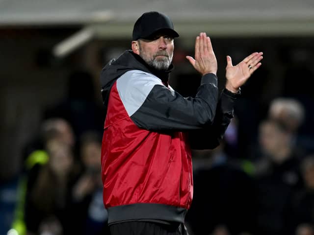 Jurgen Klopp manager of Liverpool showing his appreciation to the fans at the end of the UEFA Europa League 2023/24 Quarter-Final second leg match between Atalanta and Liverpool FC at Stadio Atleti Azzurri d'Italia on April 18, 2024 in Bergamo, Italy. (Photo by Andrew Powell/Liverpool FC via Getty Images)