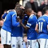 Idrissa Gueye of Everton celebrates scoring his team's first goal with teammates during the Premier League match between Everton FC and Nottingham Forest at Goodison Park on April 21, 2024 in Liverpool, England. (Photo by Gareth Copley/Getty Images)