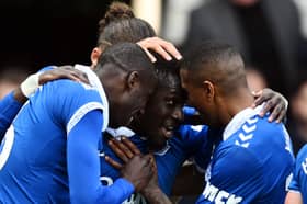 Idrissa Gueye of Everton celebrates scoring his team's first goal with teammates during the Premier League match between Everton FC and Nottingham Forest at Goodison Park on April 21, 2024 in Liverpool, England. (Photo by Gareth Copley/Getty Images)