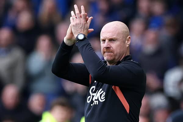  Sean Dyche, Manager of Everton, applauds the fans after the team's victory in the Premier League match between Everton FC and Nottingham Forest at Goodison Park on April 21, 2024 in Liverpool, England. (Photo by Alex Livesey/Getty Images)