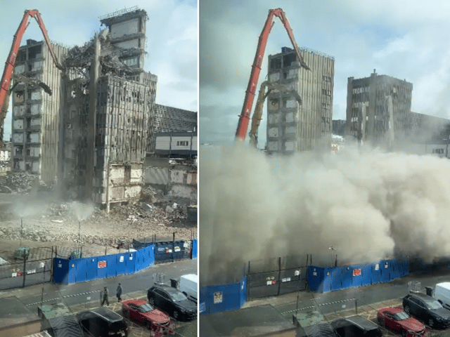 The Royal Hospital tower collapsed just after two people had walked past. Image: Social Media