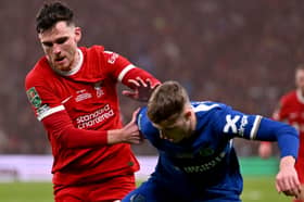 Andy Robertson of Liverpool competing with Cole Palmer of Chelsea during the Carabao Cup Final between Chelsea and Liverpool at Wembley Stadium on February 25, 2024 in London, England. (Photo by Andrew Powell/Liverpool FC via Getty Images)