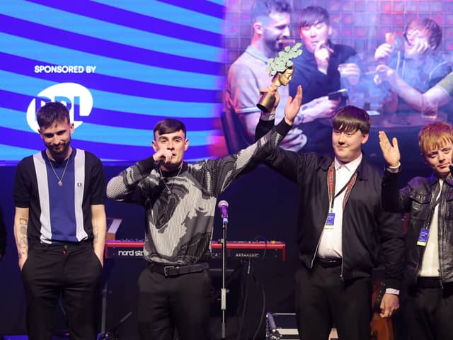 Nathan Peers, Jamie Boyle, Dexter Baker and Ryan Breslin of the band The K's on stage after winning the Breakthrough Act award during the Nordoff and Robbins Northern Music Awards at The Albert Hall, Manchester on April 23, 2024. Photo by Matt McNulty/Getty Images