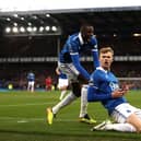 Jarrad Branthwaite of Everton celebrates scoring his team's first goal with Abdoulaye Doucoure during the Premier League match between Everton FC and Liverpool FC at Goodison Park on April 24, 2024 in Liverpool, England. (Photo by Naomi Baker/Getty Images)
