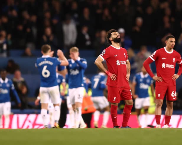 Mohamed Salah of Liverpool looks dejected after Dominic Calvert-Lewin of Everton (not pictured) scores his team's second goal during the Premier League match between Everton FC and Liverpool FC at Goodison Park on April 24, 2024 in Liverpool, England. (Photo by Naomi Baker/Getty Images)