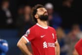 Mohamed Salah of Liverpool looks dejected after Dominic Calvert-Lewin of Everton (not pictured) scores his team's second goal during the Premier League match between Everton FC and Liverpool FC at Goodison Park on April 24, 2024 in Liverpool, England. (Photo by Naomi Baker/Getty Images)