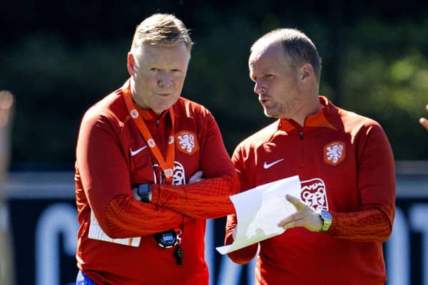 Dutch head coach Ronald Koeman and Dutch assistant coach Sipke Hulshoff (R) attend a training session of Dutch national team at the KNVB Campus in Zeist on September 5, 2023, ahead of the European Championship qualifying football match against Greece. (Photo by Olaf KRAAK / ANP / AFP) / Netherlands OUT (Photo by OLAF KRAAK/ANP/AFP via Getty Images)