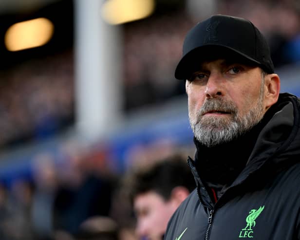 Jurgen Klopp manager of Liverpool during the Premier League match between Everton FC and Liverpool FC at Goodison Park on April 24, 2024 in Liverpool, England. (Photo by Andrew Powell/Liverpool FC via Getty Images)