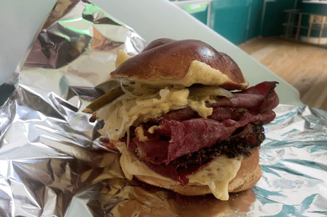 Derek’s Rubenstien sandwich costs £9. You get beef pastrami, Swiss cheese, sauerkraut, dill pickles, and their in-house mustard sauce, all served up on a challah knot. Image: Emily Bonner