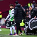  Mohamed Salah of Liverpool reacts during the Premier League match between West Ham United and Liverpool FC at London Stadium on April 27, 2024 in London, England. (Photo by Justin Setterfield/Getty Images)