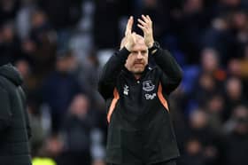 Sean Dyche, Manager of Everton, applauds the fans after the team's victory in the Premier League match between Everton FC and Brentford FC at Goodison Park on April 27, 2024 in Liverpool, England. (Photo by Lewis Storey/Getty Images)