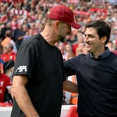 Jurgen Klopp manager of Liverpool with Andoni Iraola manager of AFC Bournemouth before the Premier League match between Liverpool FC and AFC Bournemouth at Anfield on August 19, 2023 in Liverpool, England. (Photo by Andrew Powell/Liverpool FC via Getty Images)