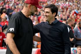 Jurgen Klopp manager of Liverpool with Andoni Iraola manager of AFC Bournemouth before the Premier League match between Liverpool FC and AFC Bournemouth at Anfield on August 19, 2023 in Liverpool, England. (Photo by Andrew Powell/Liverpool FC via Getty Images)