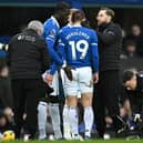 Everton pair Vitalii Mykolenko, right, and Amadou Onana.  (Photo by PAUL ELLIS/AFP via Getty Images)