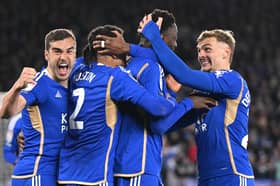 Wilfred Ndidi, right-centre, celebrates scoring for Leicester. (Photo by Michael Regan/Getty Images)