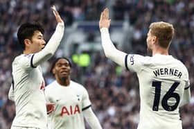 Tottenham pair Timo Werner, right, And Son Heung-Min. (Photo by HENRY NICHOLLS/AFP via Getty Images)