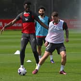 Amara Nallo, left, in Liverpool training. (Photo by John Powell/Liverpool FC via Getty Images)