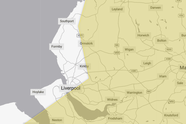 A yellow alert for thunderstorms is in place over Merseyside on Bank Holiday Monday. Image: Met Office