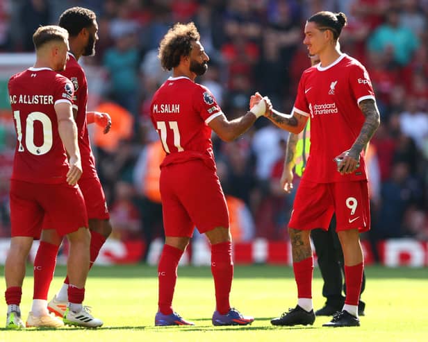 Liverpool pair Mo Salah and Darwin Nunez. (Photo by Matt McNulty/Getty Images)