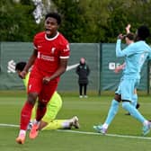 Keyrol Figueroa celebrates scoring for Liverpool under-18s. (Photo by Nick Taylor/Liverpool FC/Liverpool FC via Getty Images)