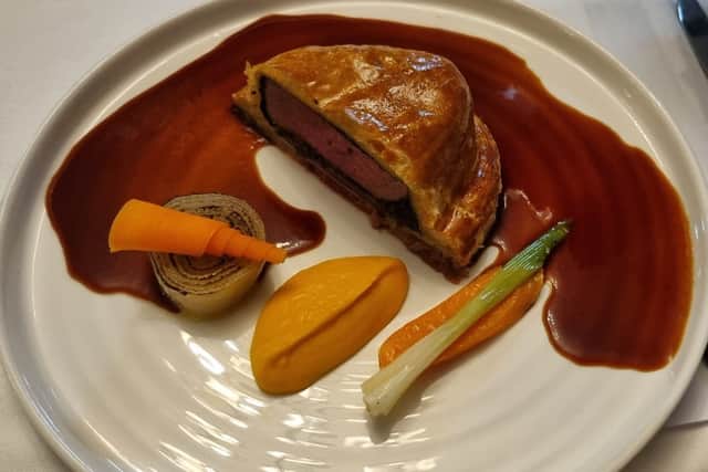 Beef fillet Wellington with bone marrow sauce at St Pierre Park Hotel, Spa & Golf Resort. Image: Dominic Raynor