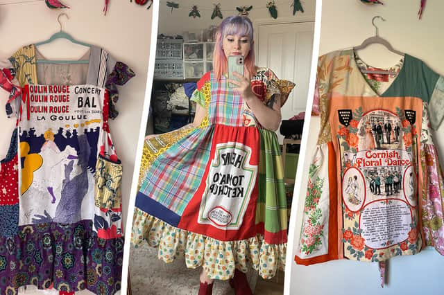 Liverpool businesswoman, Scarlett Hawkes, found her niche after turning a Heinz ketchup tea towel into a dress. Image: SWNS/Scarlett Hawkes
