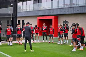  Jurgen Klopp manager of Liverpool talking with his players during a training session at AXA Training Centre on May 10, 2024 in Kirkby, England. (Photo by Andrew Powell/Liverpool FC via Getty Images)