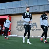  Nathaniel Phillips and Joe Gomez of Liverpool during a training session at AXA Training Centre on January 17, 2024 in Kirkby, England. (Photo by Andrew Powell/Liverpool FC via Getty Images)