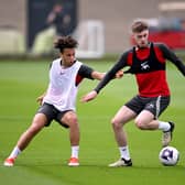 Conor Bradley and Kaide Gordon of Liverpool during a training session at AXA Training Centre on May 10, 2024 in Kirkby, England. (Photo by Andrew Powell/Liverpool FC via Getty Images)
