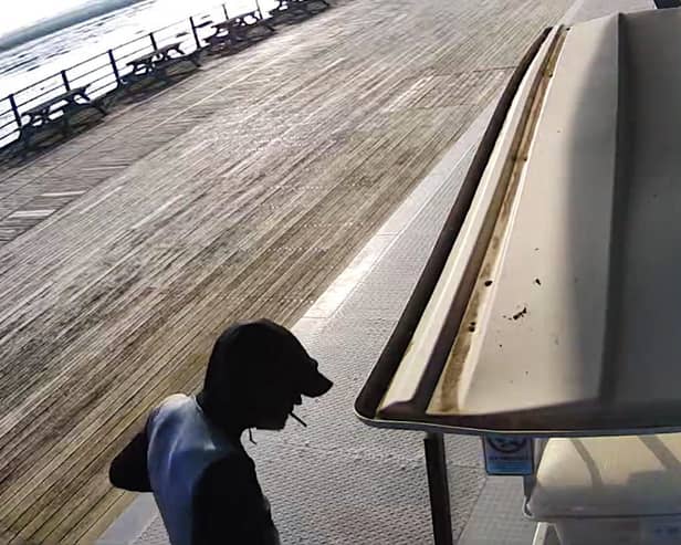 CCTV captured the man as he ‘hot wired’ a golf buggy and rode it up and down Southport Pier.