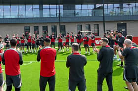 Jurgen Klopp manager of Liverpool gives a team talk during Jurgen Klopp's Final Liverpool Training Session at AXA Training Centre on May 18, 2024 in Kirkby, England. (Photo by John Powell/Liverpool FC via Getty Images)