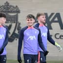 Luke Hewitson, right, and Bobby Clark during a training session at AXA Training Centre prior to the UEFA Europa League 2023/24 round of 16 first leg training and press conference on March 06, 2024 in Kirkby, England. (Photo by Nick Taylor/Liverpool FC/Liverpool FC via Getty Images)