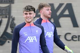 Luke Hewitson, right, and Bobby Clark during a training session at AXA Training Centre prior to the UEFA Europa League 2023/24 round of 16 first leg training and press conference on March 06, 2024 in Kirkby, England. (Photo by Nick Taylor/Liverpool FC/Liverpool FC via Getty Images)