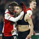 Yankuba Minteh, left, enjoyed a fruitful loan spell at Feyenoord. (Photo by MAURICE VAN STEEN/ANP/AFP via Getty Images)