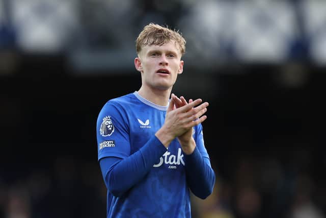 Jarrad Branthwaite of Everton applauds the fans at the end of the Premier League match between Everton FC and Crystal Palace FC at Goodison Park on September 28, 2024 in Liverpool, England. (Photo by Jan Kruger/Getty Images)