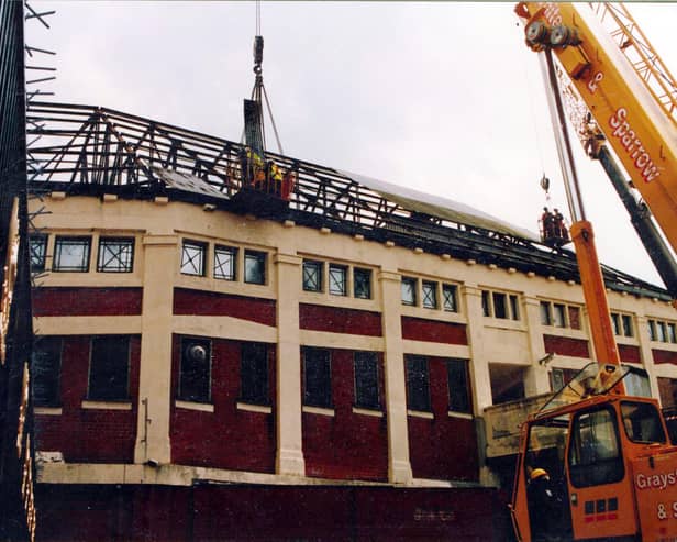 The roof is stripped off the Spion Kop as it is demolished at Anfield during the summer of 1994 in Liverpool,England. (Photo by Len Humphries/Getty Images via Liverpool FC)