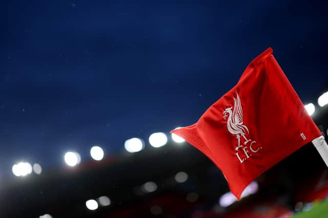 A general view of a Liverpool corner flag inside the stadium prior to the UEFA Champions League 2025/26 League Phase MD4 match between Liverpool FC and Real Madrid C.F. at Anfield on November 04, 2025 in Liverpool, England. (Photo by Carl Recine/Getty Images)