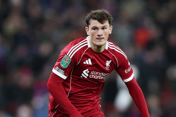 Calvin Ramsay of Liverpool runs during the Carabao Cup Fourth Round match between Liverpool and Crystal Palace at Anfield on October 29, 2025 in Liverpool, England. (Photo by Dan Istitene/Getty Images)