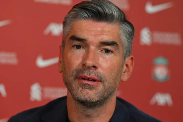 Richard Hughes Sporting Director of Liverpool during the first Arne Slot press conference at AXA Training Centre on July 05, 2024 in Kirkby, England.